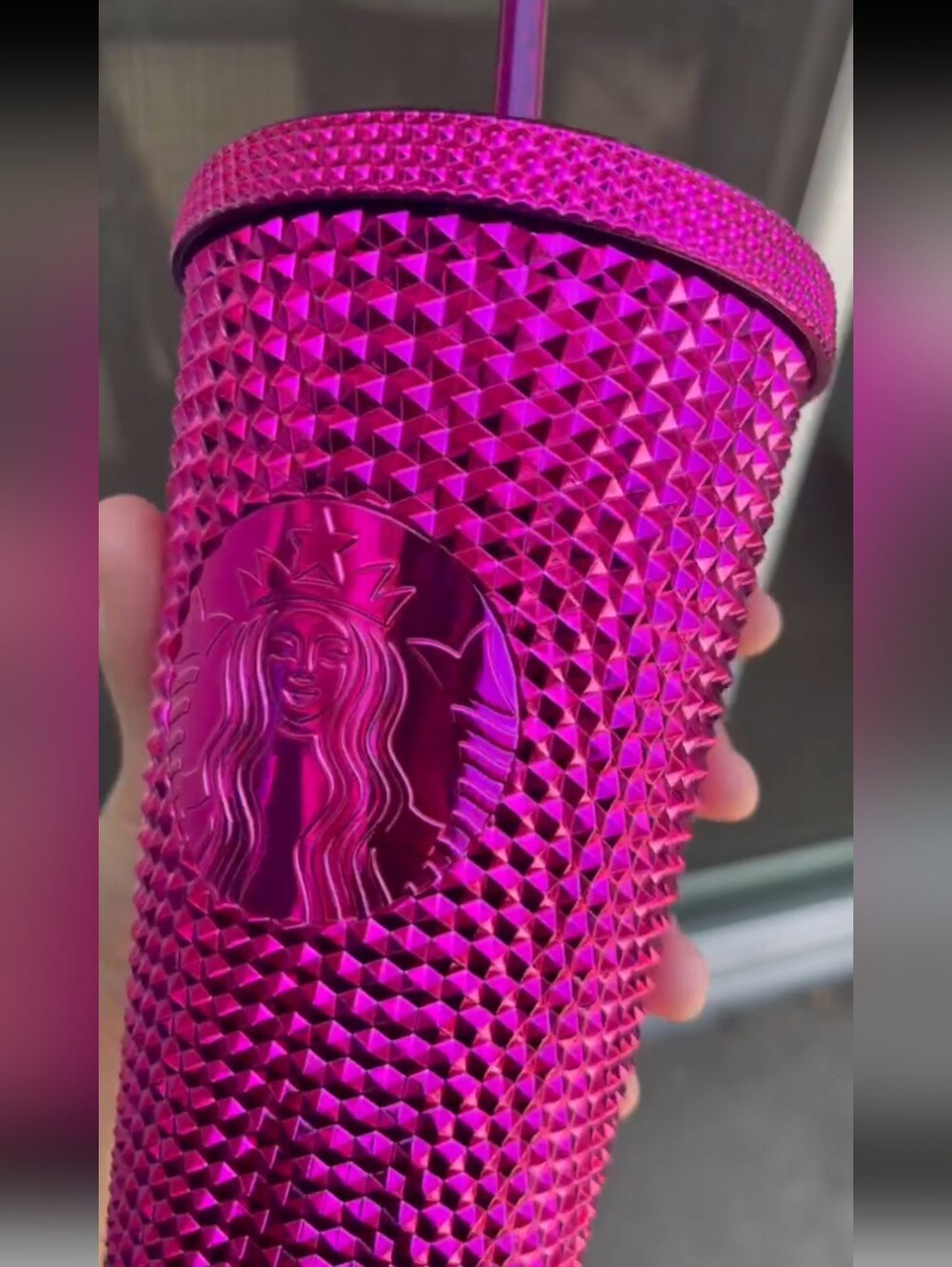 Starbucks Pink Studded Tumbler Cold Cup Fuchsia Venti 24 oz Straw Lid Bling